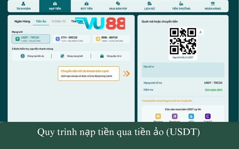 Quy trình nạp tiền qua tiền ảo (USDT)